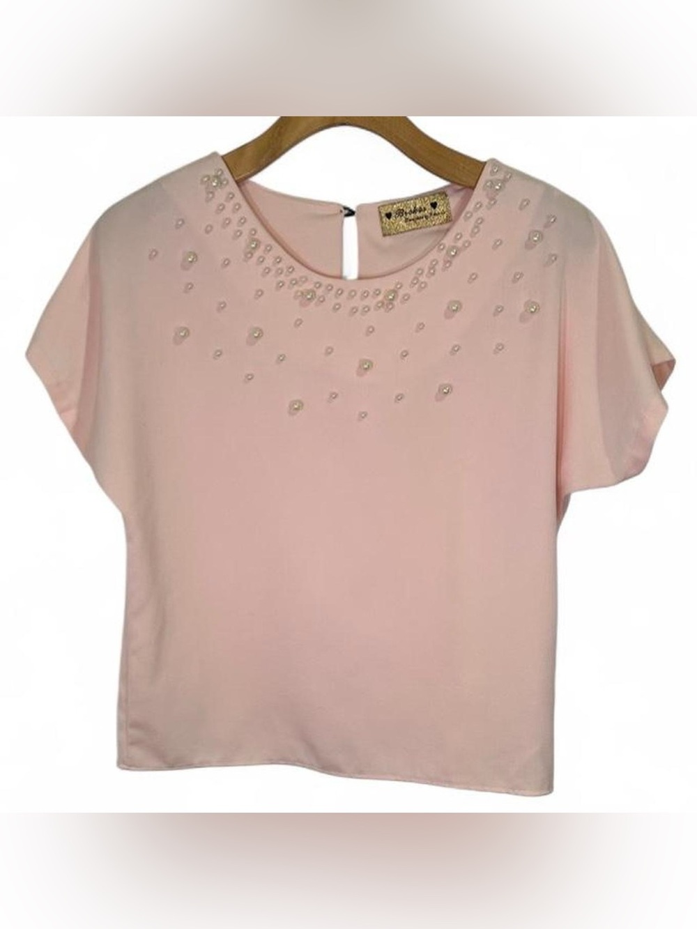 Blush Pink Dolman Short Sleeve Top with Pearl Accents Size M (see measurements)